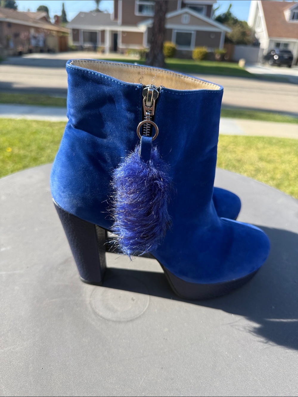 Cri de Couer Vegan Blue Suede Women's Ankle Boots with Pom Zipper